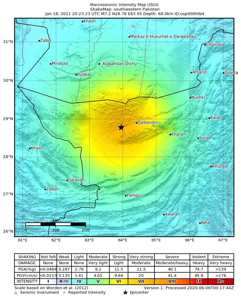 USGS ShakeMap: estimated shaking intensity around the epicenter