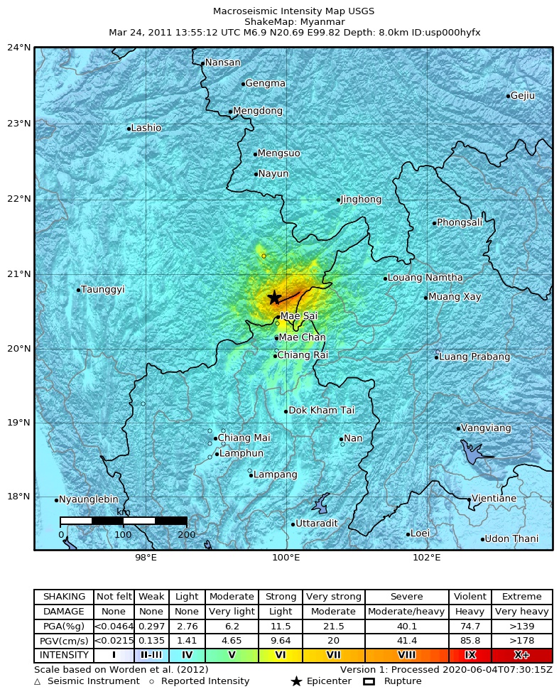 USGS ShakeMap: estimated shaking intensity around the epicenter