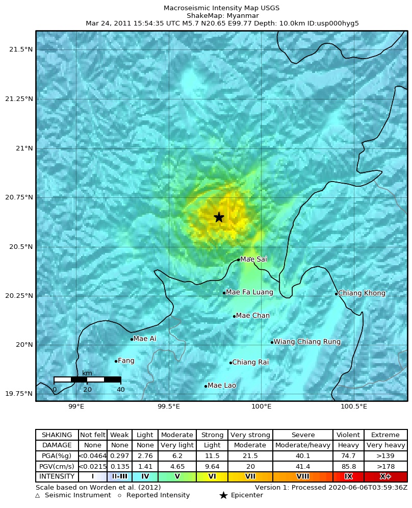 USGS ShakeMap: estimated shaking intensity around the epicenter