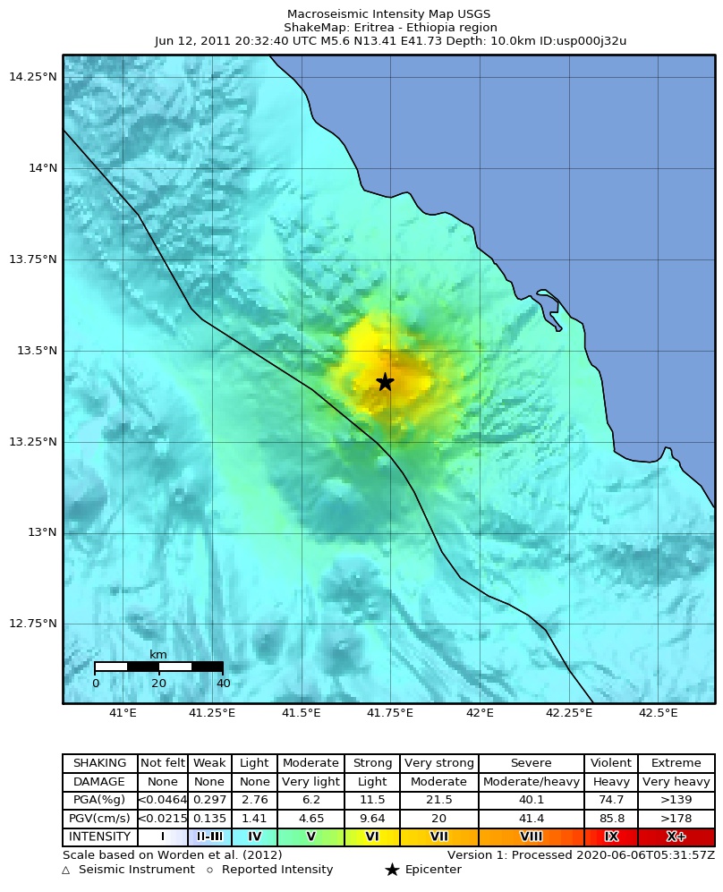 USGS ShakeMap: estimated shaking intensity around the epicenter