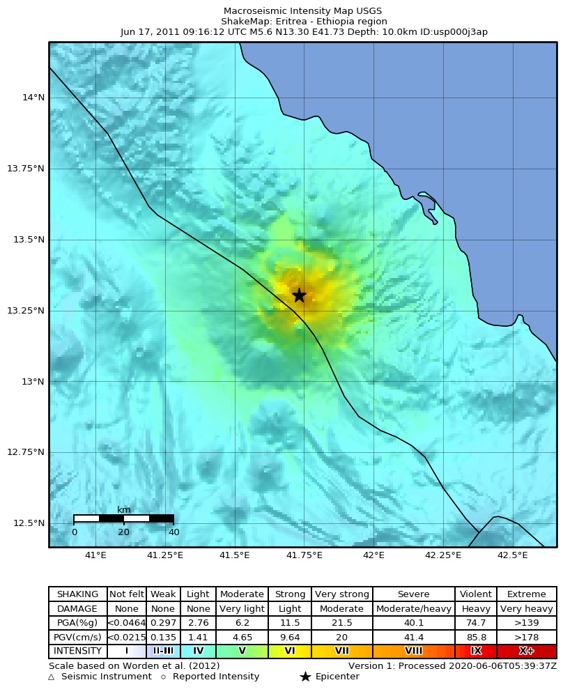 USGS ShakeMap: estimated shaking intensity around the epicenter