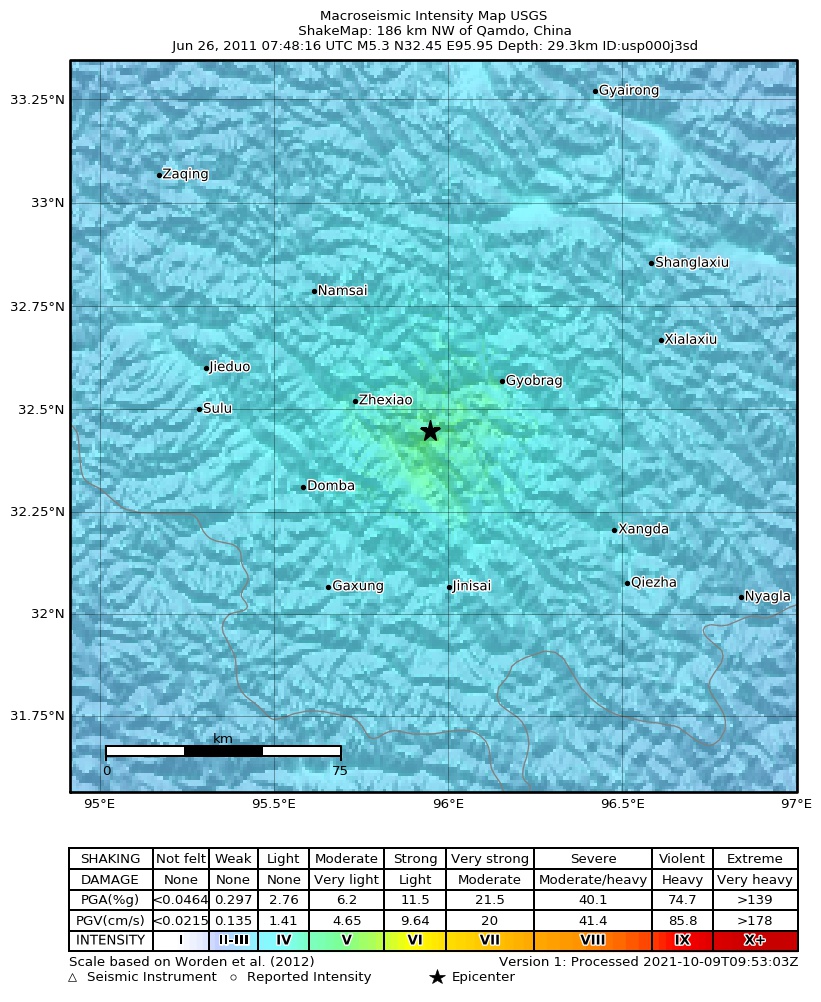 USGS ShakeMap: estimated shaking intensity around the epicenter