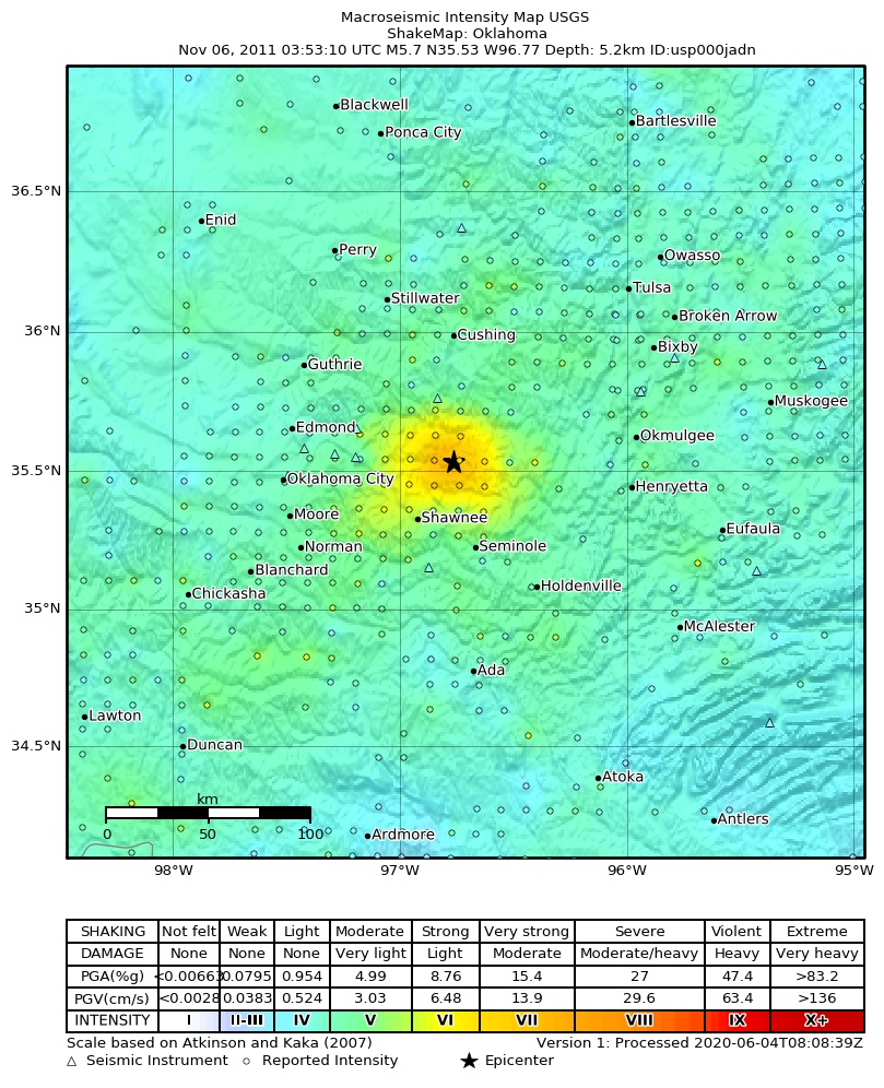 USGS ShakeMap: estimated shaking intensity around the epicenter