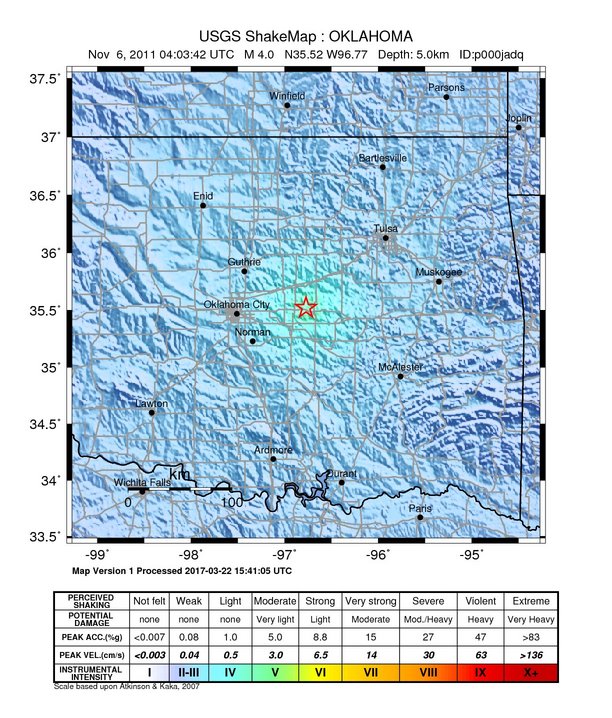 USGS ShakeMap: estimated shaking intensity around the epicenter