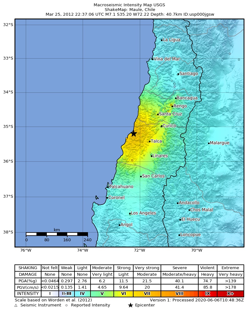 USGS ShakeMap: estimated shaking intensity around the epicenter