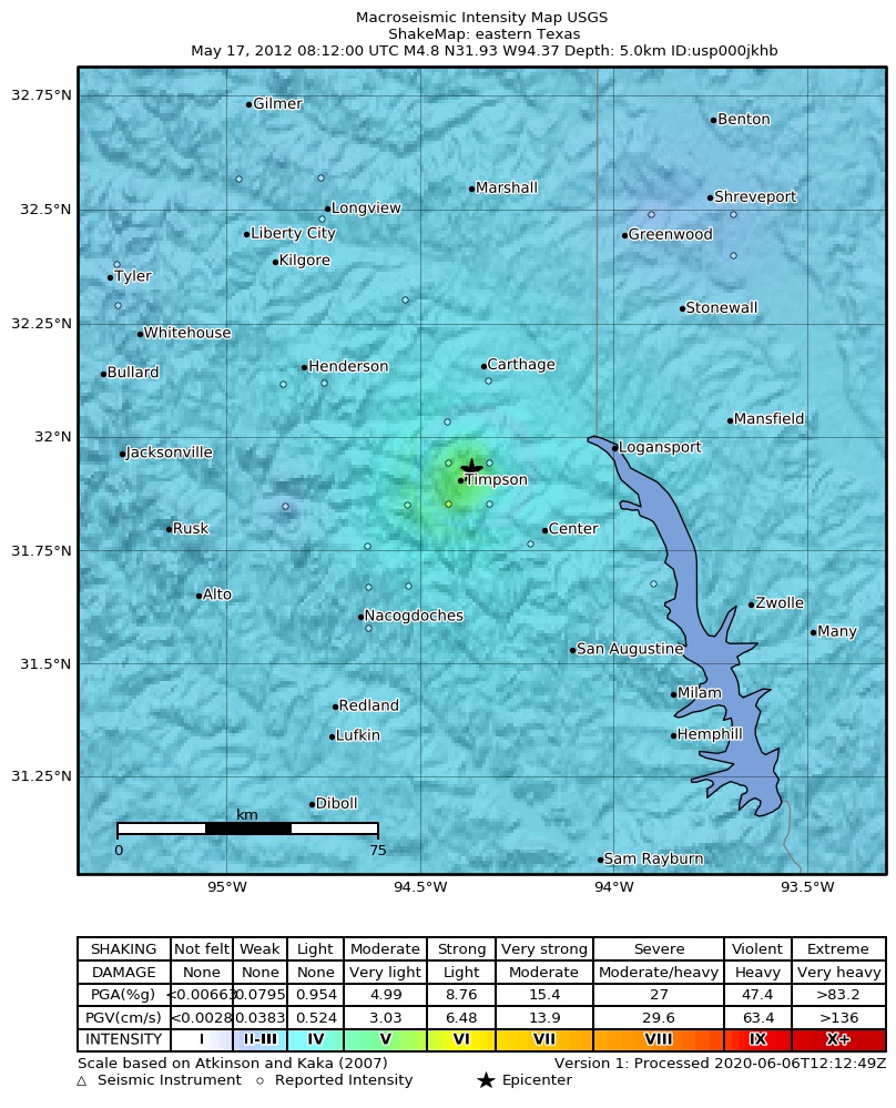 USGS ShakeMap: estimated shaking intensity around the epicenter