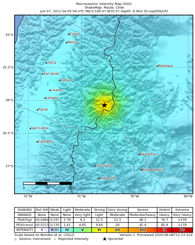 USGS ShakeMap: estimated shaking intensity around the epicenter