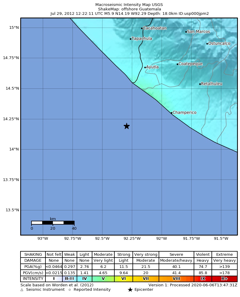 USGS ShakeMap: estimated shaking intensity around the epicenter