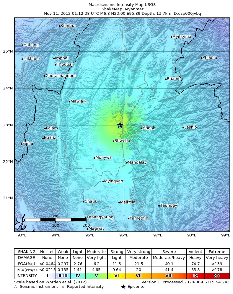 USGS ShakeMap: estimated shaking intensity around the epicenter