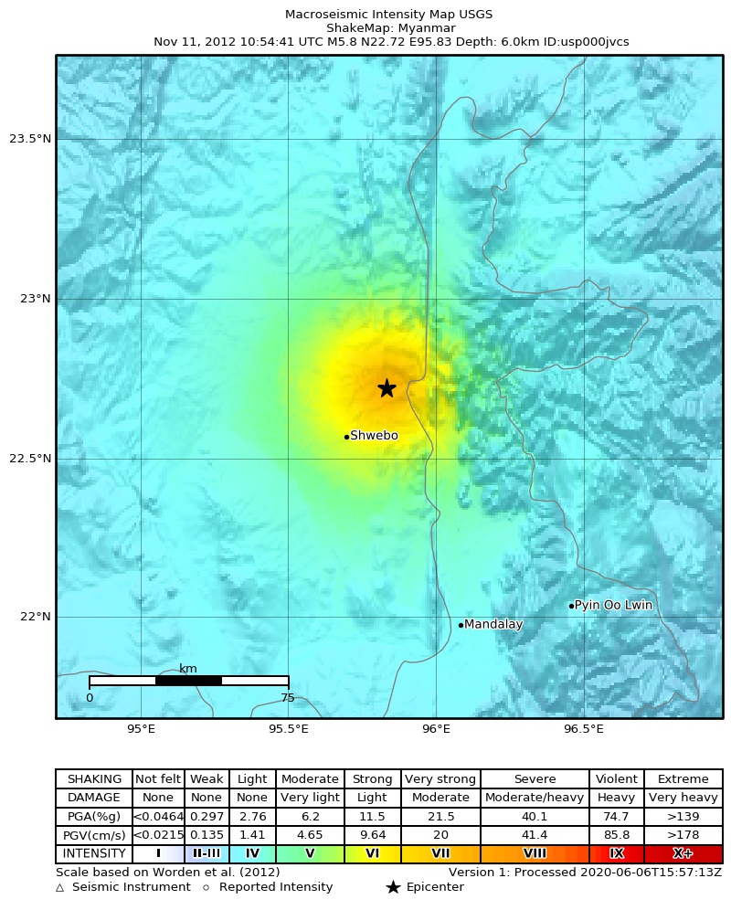 USGS ShakeMap: estimated shaking intensity around the epicenter