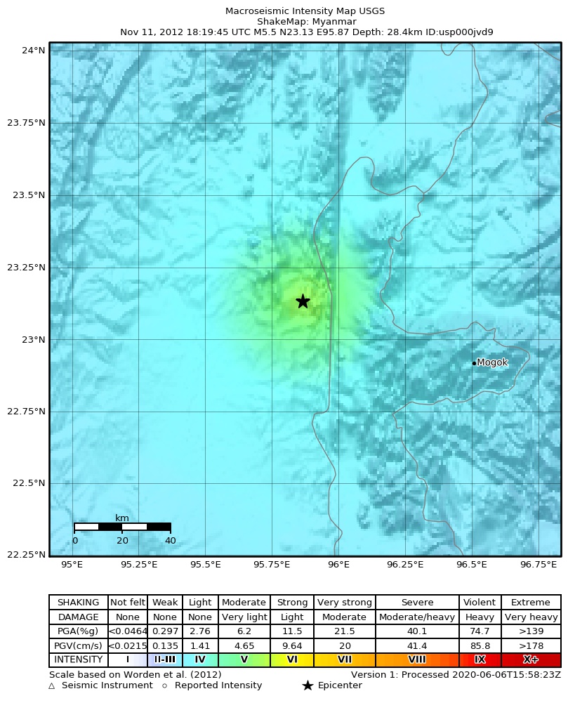 USGS ShakeMap: estimated shaking intensity around the epicenter