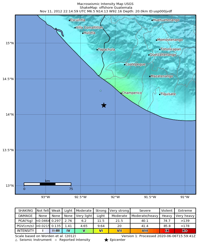 USGS ShakeMap: estimated shaking intensity around the epicenter