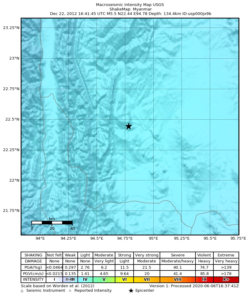 USGS ShakeMap: estimated shaking intensity around the epicenter