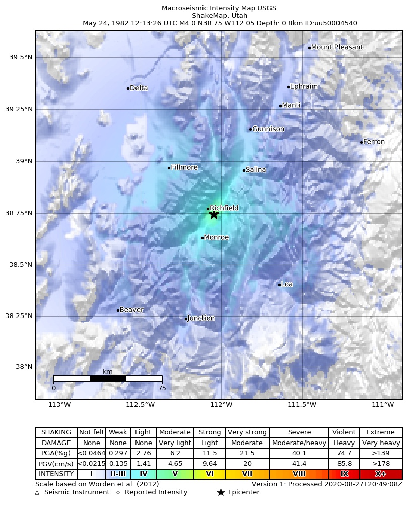 USGS ShakeMap: estimated shaking intensity around the epicenter