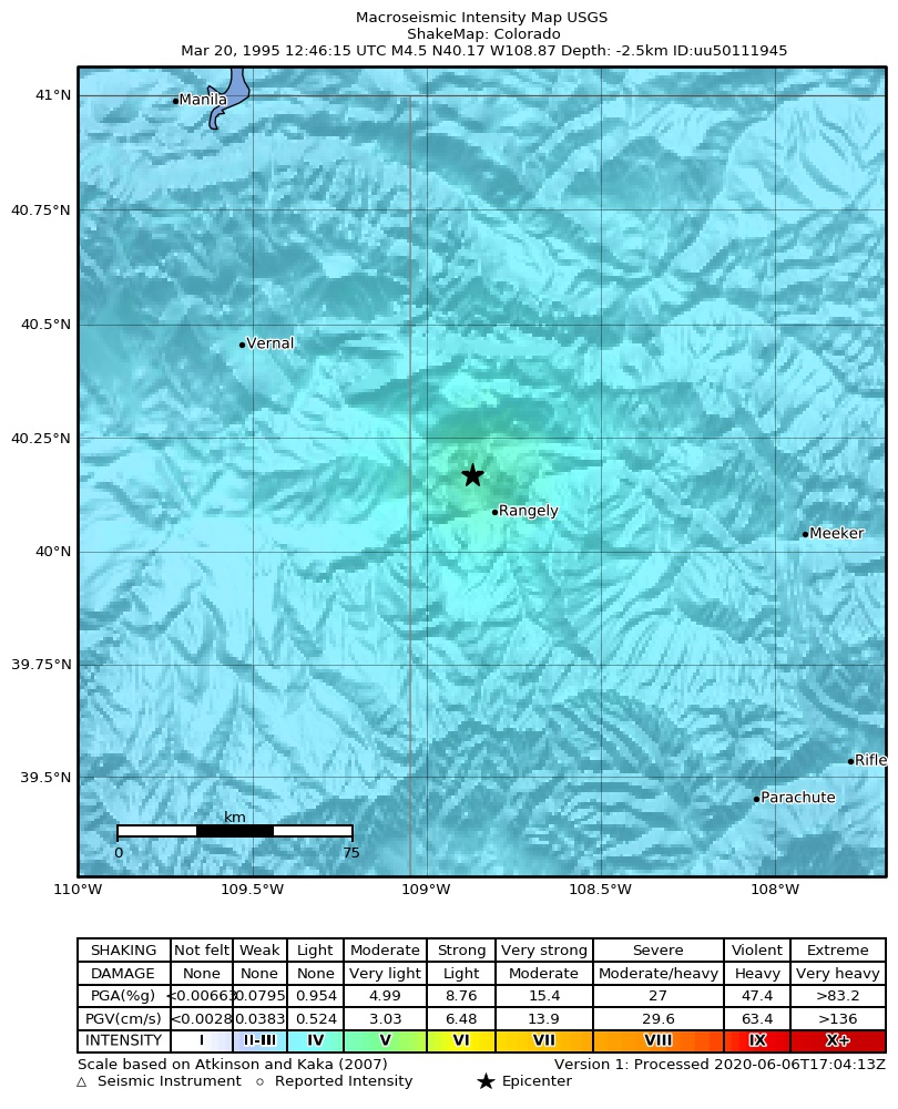 USGS ShakeMap: estimated shaking intensity around the epicenter