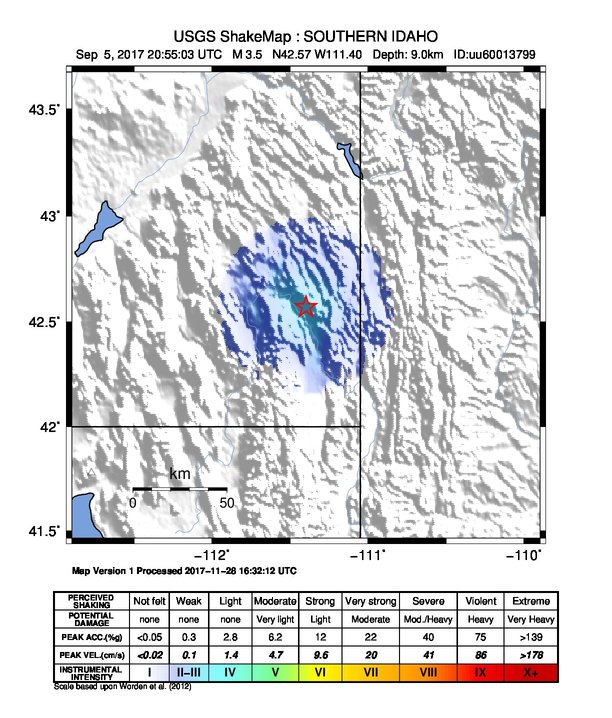 USGS ShakeMap: estimated shaking intensity around the epicenter