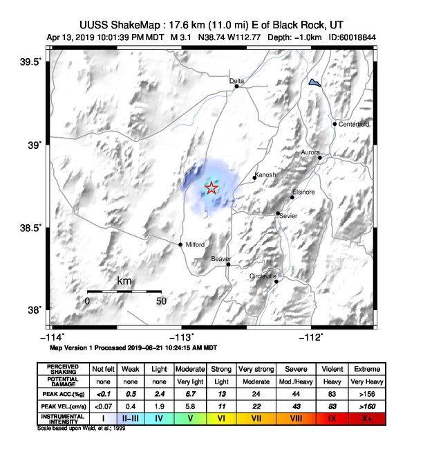 USGS ShakeMap: estimated shaking intensity around the epicenter