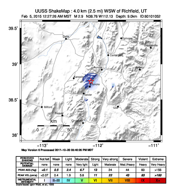 USGS ShakeMap: estimated shaking intensity around the epicenter