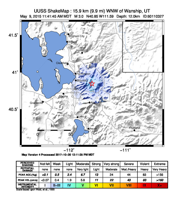 USGS ShakeMap: estimated shaking intensity around the epicenter