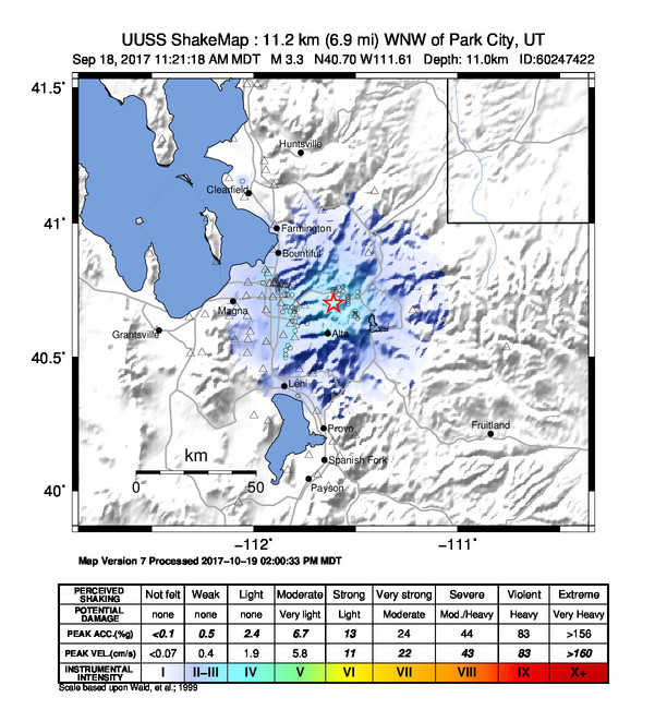 USGS ShakeMap: estimated shaking intensity around the epicenter