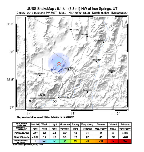 USGS ShakeMap: estimated shaking intensity around the epicenter