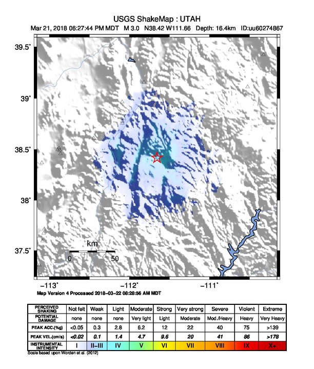 USGS ShakeMap: estimated shaking intensity around the epicenter