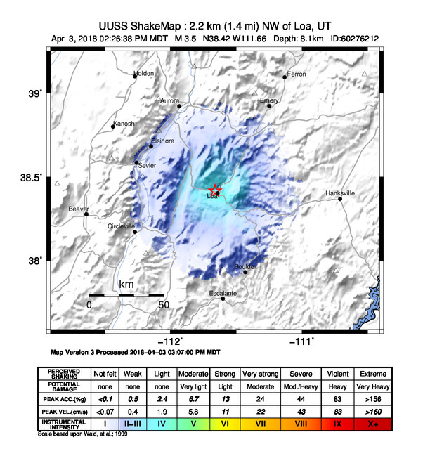 USGS ShakeMap: estimated shaking intensity around the epicenter
