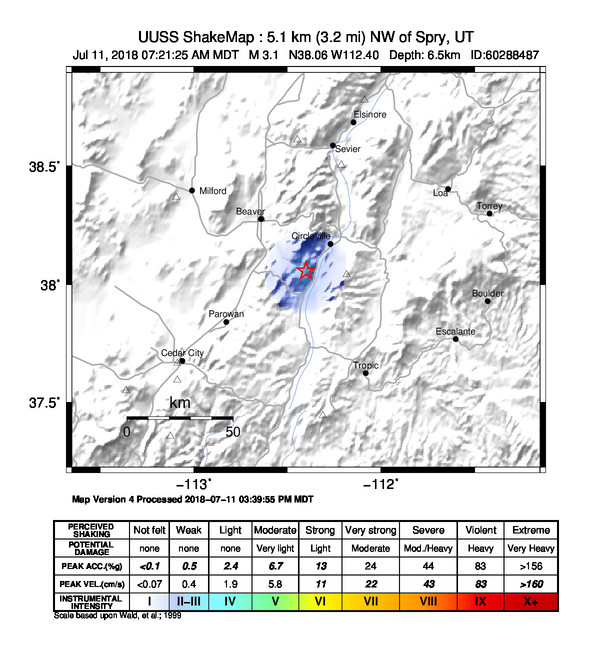 USGS ShakeMap: estimated shaking intensity around the epicenter