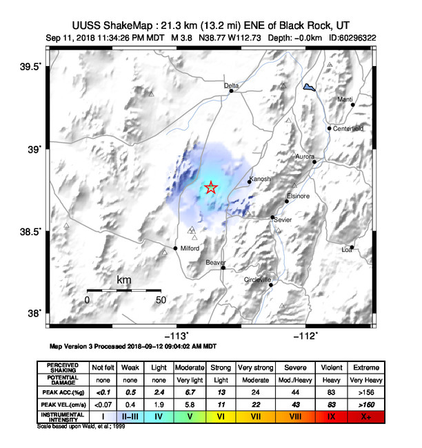 USGS ShakeMap: estimated shaking intensity around the epicenter