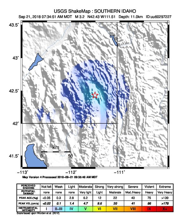 USGS ShakeMap: estimated shaking intensity around the epicenter