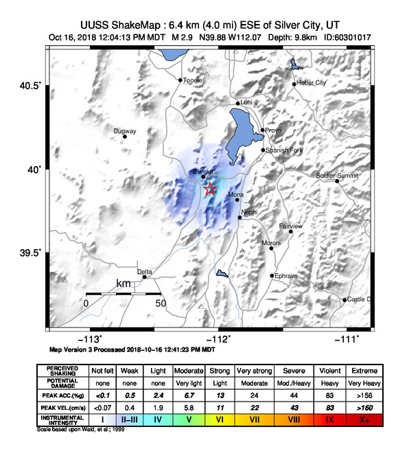USGS ShakeMap: estimated shaking intensity around the epicenter