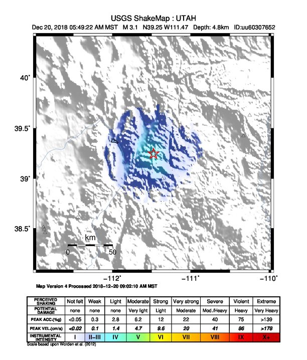USGS ShakeMap: estimated shaking intensity around the epicenter