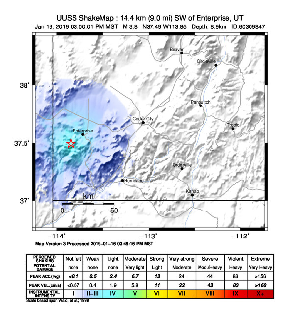 USGS ShakeMap: estimated shaking intensity around the epicenter