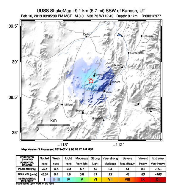 USGS ShakeMap: estimated shaking intensity around the epicenter