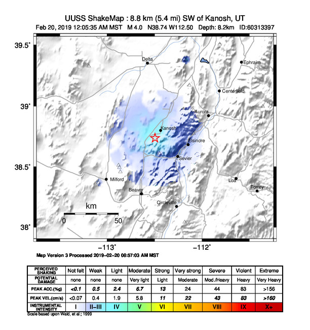 USGS ShakeMap: estimated shaking intensity around the epicenter
