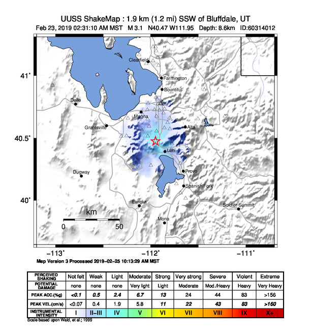 USGS ShakeMap: estimated shaking intensity around the epicenter