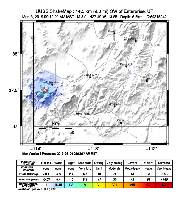 USGS ShakeMap: estimated shaking intensity around the epicenter