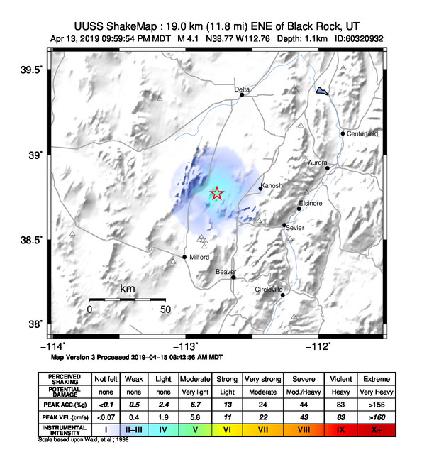 USGS ShakeMap: estimated shaking intensity around the epicenter