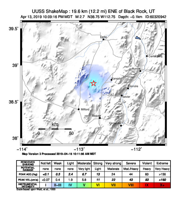 USGS ShakeMap: estimated shaking intensity around the epicenter