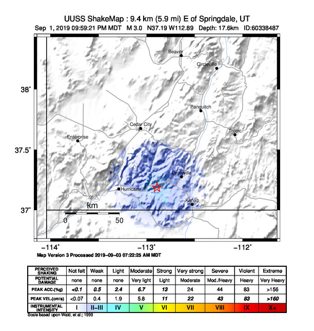 USGS ShakeMap: estimated shaking intensity around the epicenter