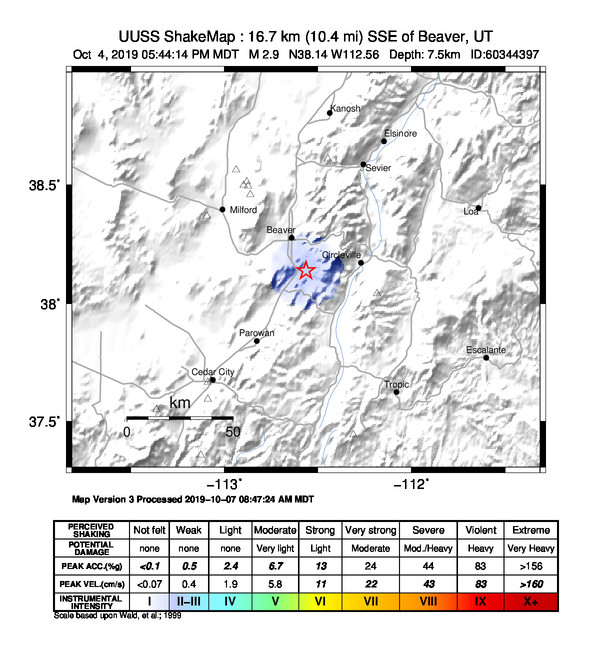 USGS ShakeMap: estimated shaking intensity around the epicenter