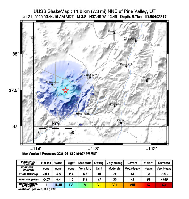 USGS ShakeMap: estimated shaking intensity around the epicenter