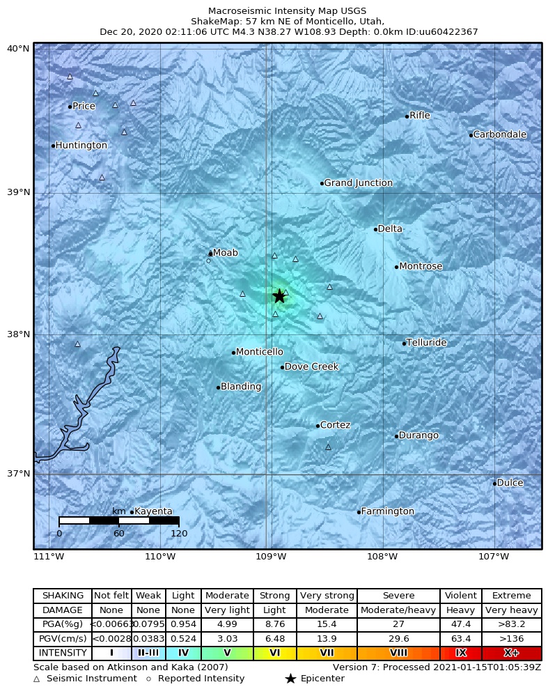 USGS ShakeMap: estimated shaking intensity around the epicenter