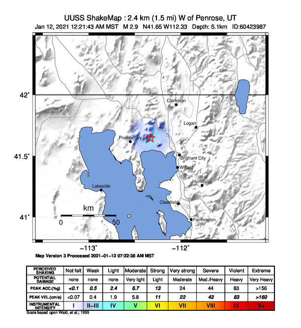 USGS ShakeMap: estimated shaking intensity around the epicenter