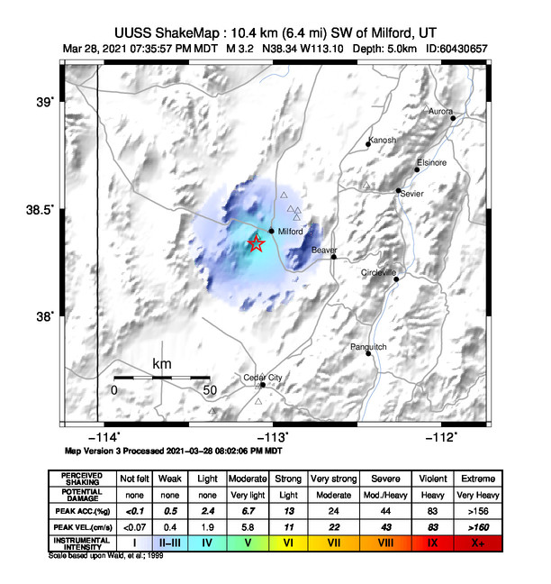 USGS ShakeMap: estimated shaking intensity around the epicenter