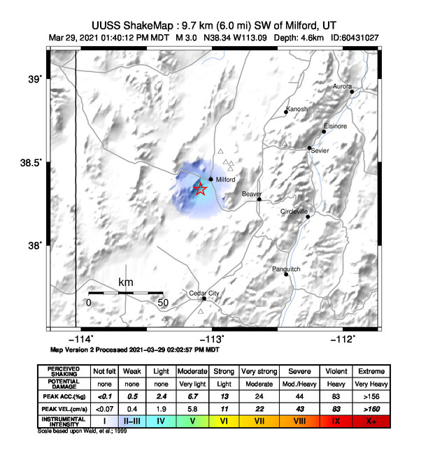 USGS ShakeMap: estimated shaking intensity around the epicenter