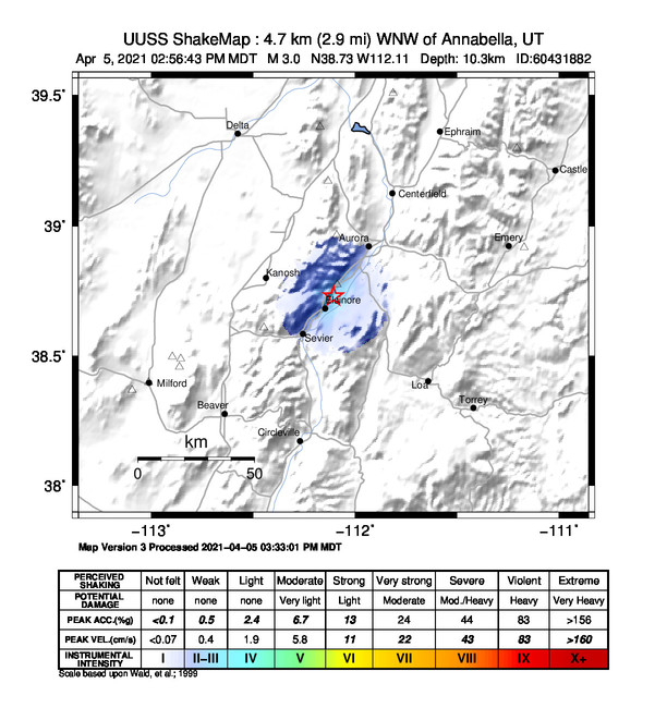 USGS ShakeMap intensity contours for the M3.0 earthquake near 3 km NNW of Central Valley, Utah