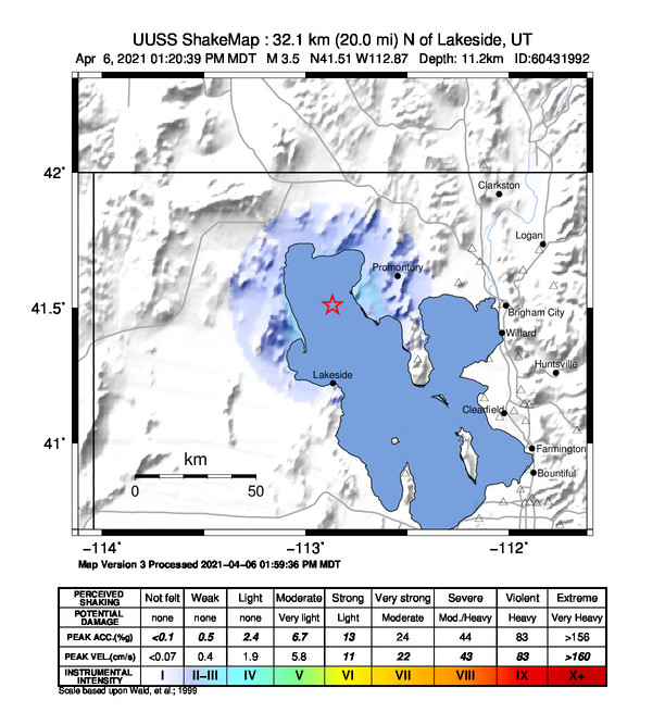 USGS ShakeMap intensity contours for the M3.5 earthquake near 47 km SW of Howell, Utah