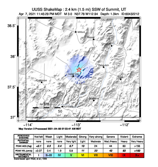 USGS ShakeMap: estimated shaking intensity around the epicenter