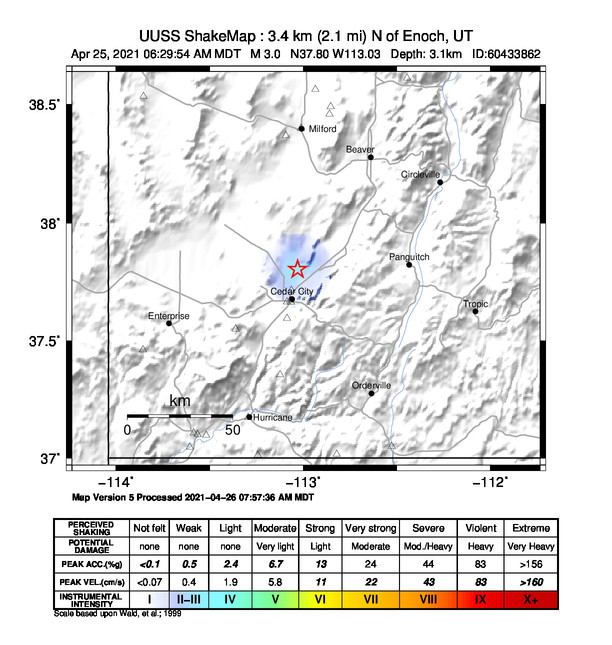 USGS ShakeMap: estimated shaking intensity around the epicenter